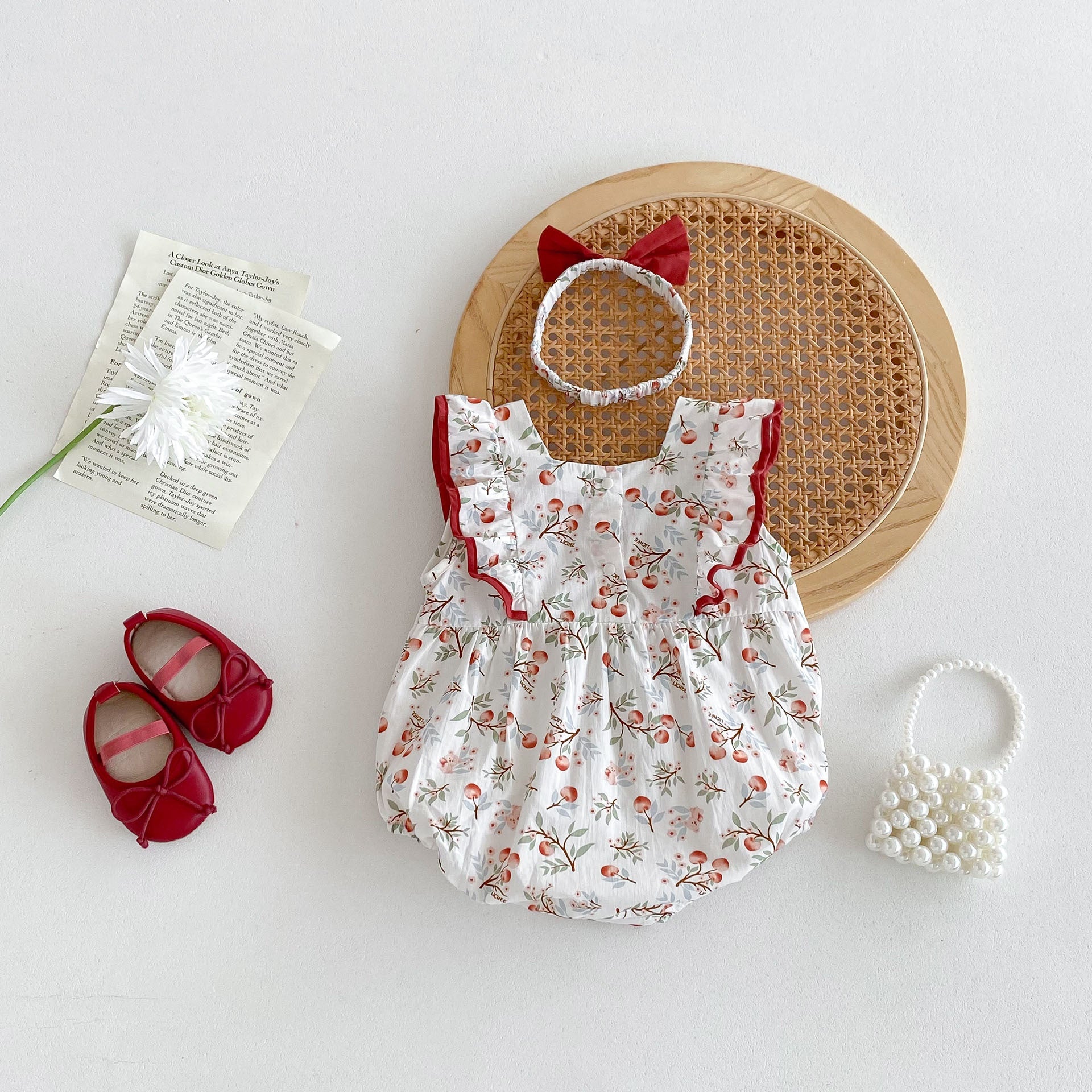 New Design Summer Baby Kids Girls Cherry Pattern Square Neck Sleeveless Big Bow Onesies-1