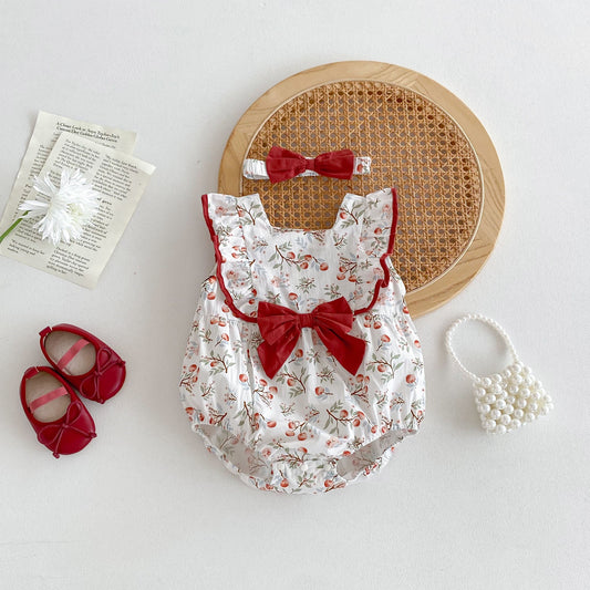 New Design Summer Baby Kids Girls Cherry Pattern Square Neck Sleeveless Big Bow Onesies-0