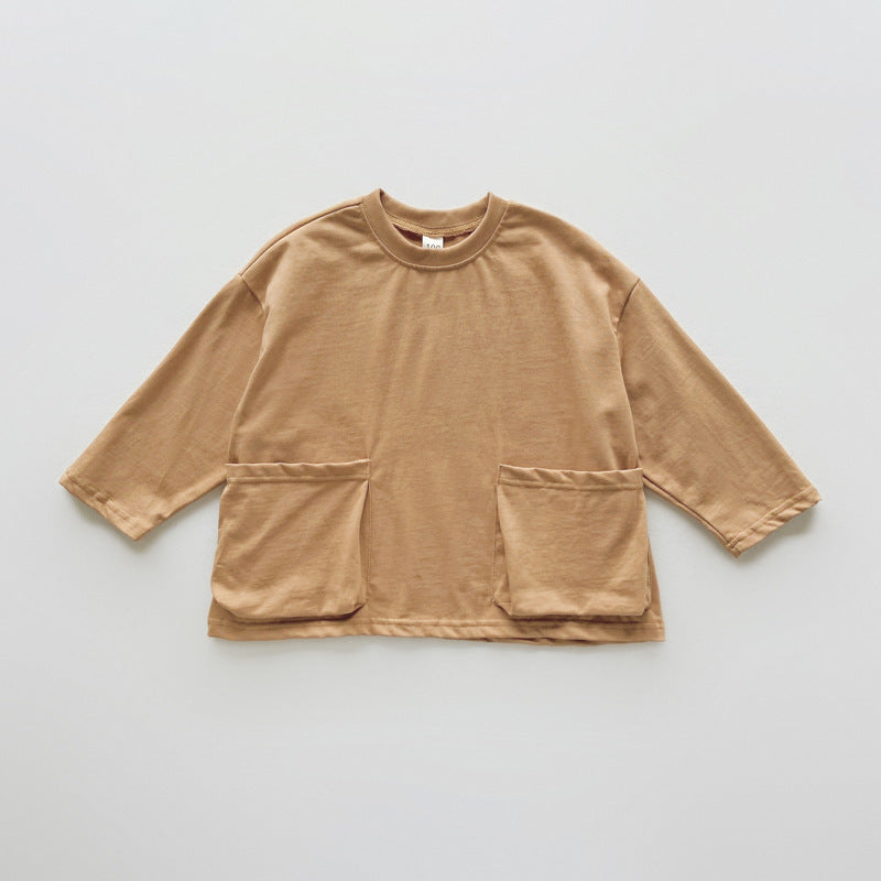 Autumn New Arrival Baby Kids Unisex Comfortable Solid Color Pocketed Long Sleeves Top-1